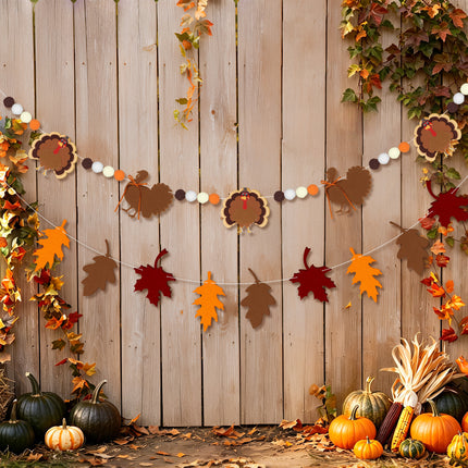 FLAIR GIFTS 2-Pack Thanksgiving Fall Felt Garland, 8ft Multi-Layered Turkey & Maple Leaves Banner with Pom Poms, Pre-Strung Autumn Bunting for Fireplace Mantel, Home, Classroom & Party Décor