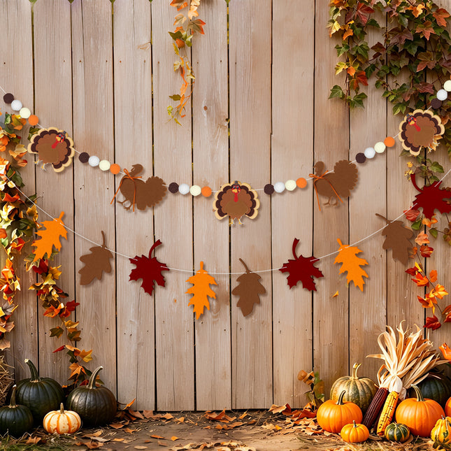 FLAIR GIFTS 2-Pack Thanksgiving Fall Felt Garland, 8ft Multi-Layered Turkey & Maple Leaves Banner with Pom Poms, Pre-Strung Autumn Bunting for Fireplace Mantel, Home, Classroom & Party Décor