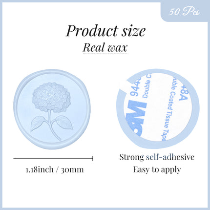 30mm Light Blue 3D Hydrangea Flower Wax Seal Stickers - 50pcs Round Edge