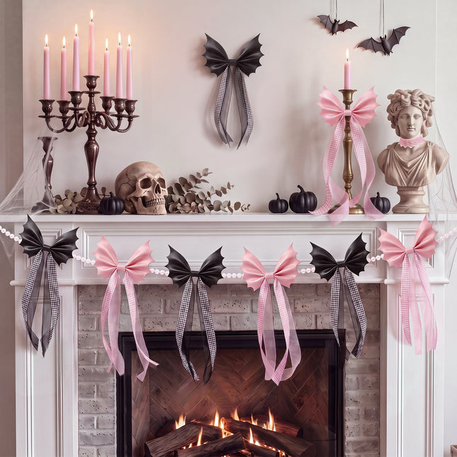 FLAIR GIFTS 6.5ft Halloween Bat Bow Pearl Garland, Black & Pink Decor