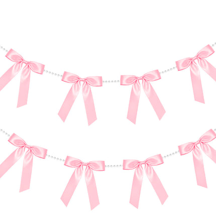 FLAIR GIFTS 2 Strings Coquette Pink Bow Garland Banner, 6.5ft Pearl Chain Pre-Strung Satin Ribbon for Soft Girl Aesthetic, Pink Birthday, Girl Baby Shower, Valentine’s Day & Preppy Room Decor