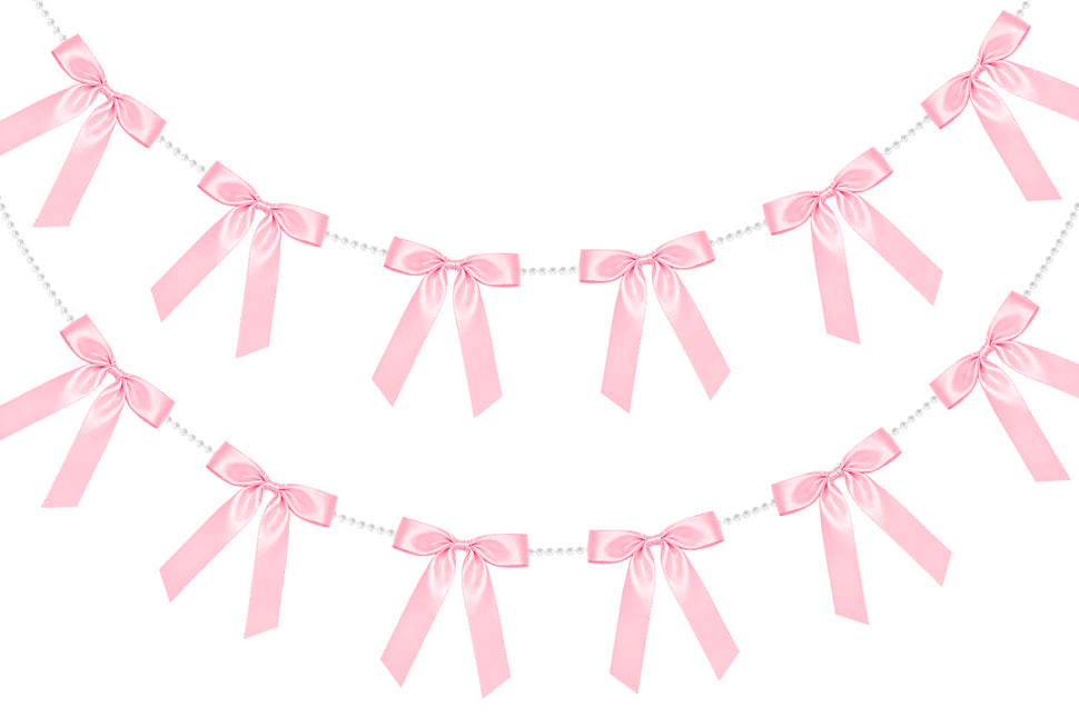 FLAIR GIFTS 2 Strings Coquette Pink Bow Garland Banner, 6.5ft Pearl Chain Pre-Strung Satin Ribbon for Soft Girl Aesthetic, Pink Birthday, Girl Baby Shower, Valentine’s Day & Preppy Room Decor