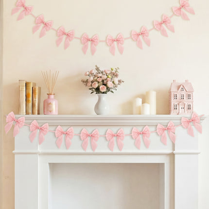 FLAIR GIFTS 1-String 6.5ft Pink Bows Garland Banner, 6 Pcs Pre-Strung Bow Party Decorations for Coquette Birthday, Bachelorette Party, Girly Pink Party Supplies, Baby Shower, Bridal Shower