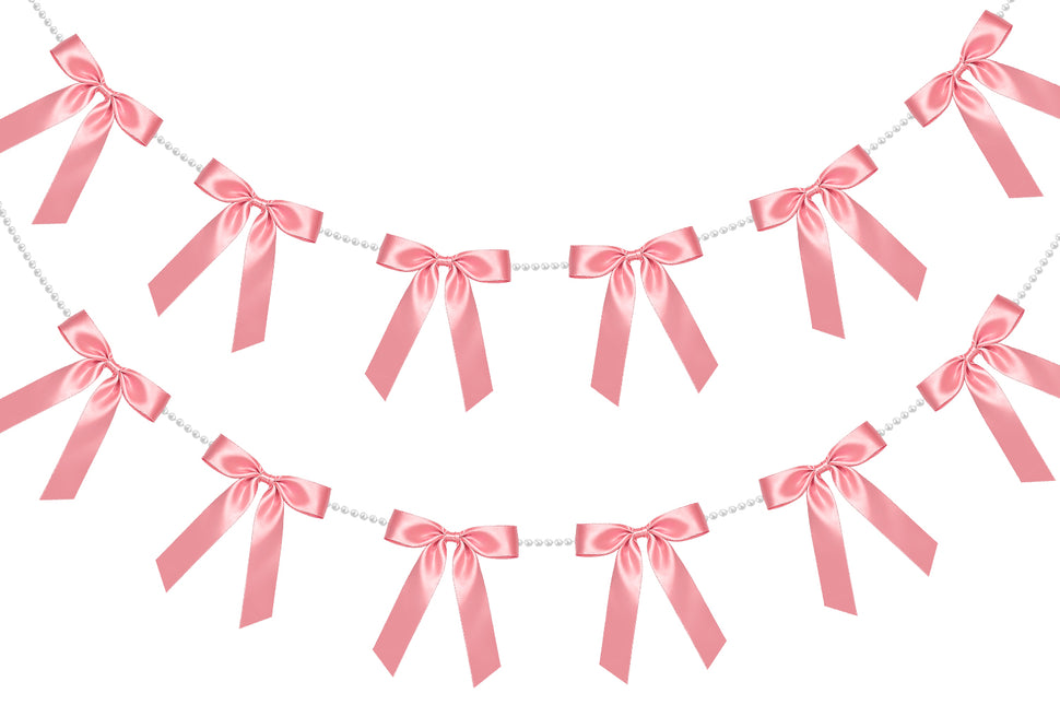 FLAIR GIFTS 2 Strings Dusty Rose Bow Garland Banner, 6.5ft Pearl Chain Pre-Strung Ribbon for Chic Bridal Shower, Muted Rose Wedding Decor, Sophisticated Birthday, Anniversary & Victorian Tea Party