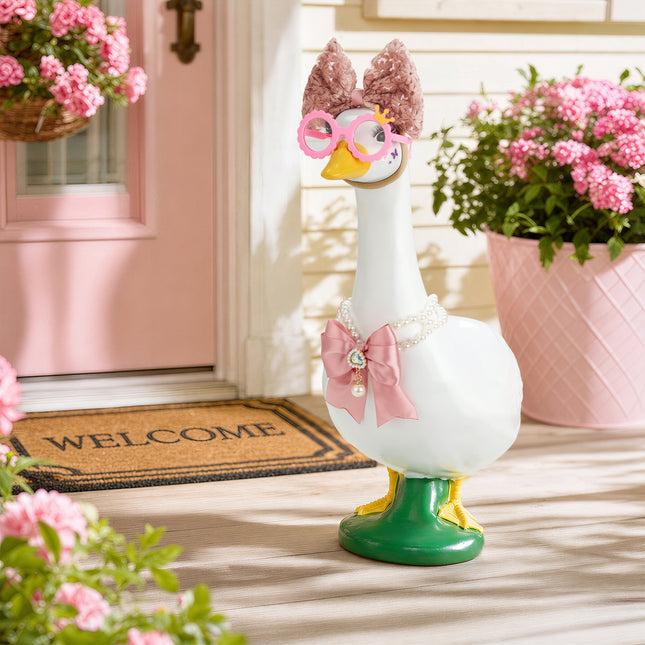 FLAIR GIFTS Porch Goose Statue 8pc Accessory Combination Set, Pink Goose Accessories Kit with Glasses Bow Hat Necklace Stickers for 23 Inch Goose, Cute Girl Style Yard Decor (Pink Girl 8PC)
