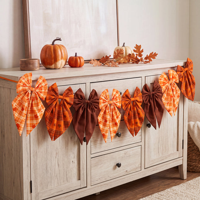Fall Bow Garland Vintage Plaid Maple Leaf Harvest Decor 8 Ft Banner
