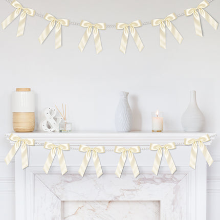 2 Strings White Bow Garland Banner, Pre-Strung Satin Ribbon with 6.5ft Pearl Chain for Bridal Shower, Wedding, Engagement, Bachelorette Party, Baby Shower, Graduation & Anniversary Decor