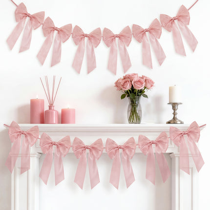 FLAIR GIFTS 1-String 6.5ft Dusty Rose Bows Garland Banner, 6 Pcs Pre-Strung Bow Party Decorations for Coquette Birthday, Bachelorette Party, Girly Pink Party Supplies, Baby Shower, Bridal Shower