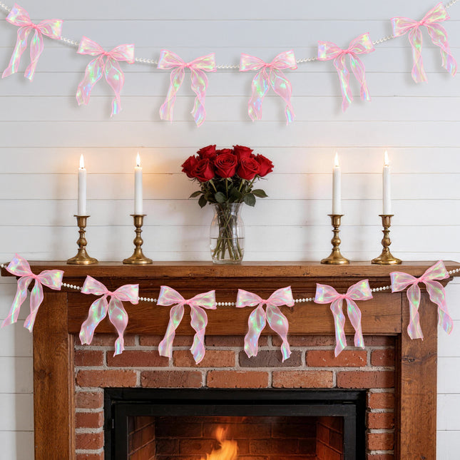 FLAIR GIFTS 2 Strings Iridescent Pink Bow Garland Banner, Pre-Strung Fish-Tail Organza Ribbon with 6.5ft Pearl Chain for Coquette Birthday, Bridal Shower, Baby Shower, Engagement, Anniversary Decor