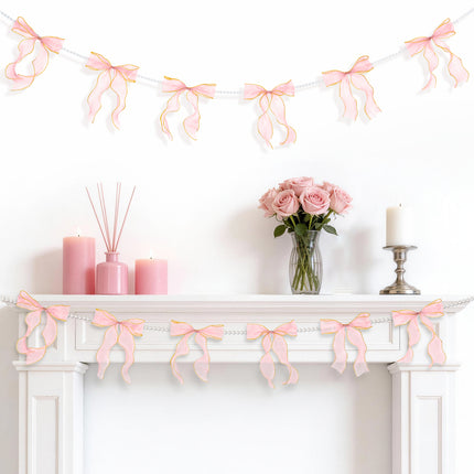 FLAIR GIFTS 2 Strings Pink Bow Garland Banner, Pre-Strung Fish-Tail Organza Ribbon with 6.5ft Pearl Chain for Coquette Birthday, Bachelorette Party, Baby Shower, Engagement, Anniversary Decor