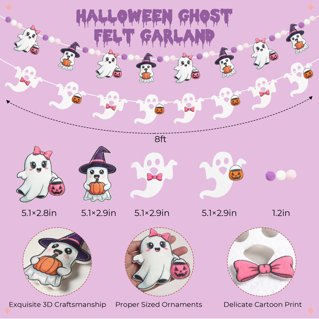 FLAIR GIFTS 2-Pack Halloween Ghost Felt Garland, 8ft 3D Cute Ghost Banner with Pom Poms, Pre-Strung Pastel Pink & Purple Halloween Decorations for Home, Fireplace Mantel, Classroom, Party Décor