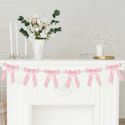 2 Strings Pink Bow Garland Banner, Pre-Strung Satin Ribbon with 6.5ft Pearl Chain for Coquette Birthday, Bridal Shower, Bachelorette Party, Baby Shower, Engagement, Graduation & Anniversary Decor