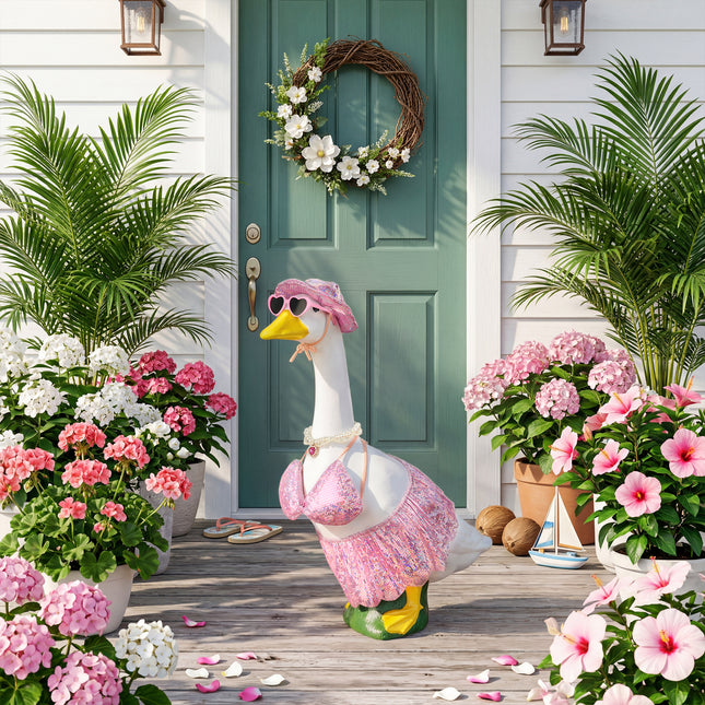 FLAIR GIFTS Pink Bikini Goose Clothes Set with Sunglasses Necklace Hat, Pink Sequin Swimming Suits Porch Goose Outfits for 23 Inch Goose Statue, Summer Pool Party Garden Decor (Pink)