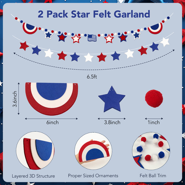 Flair Gifts 2 Pack 4th of July Garland, 6.5ft Felt Patriotic Star Garland for Mantel w/Red White Blue Pom Pom Flag Banner Decor for 250th Anniversary Independence Day Veterans Memorial Party