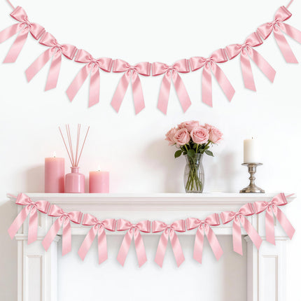 FLAIR GIFTS 2 Strings Pink Bow Garland Banner, Pre-Strung Satin Ribbon with 6.5ft Pearl Chain for Coquette Birthday, Bridal Shower, Party, Baby Shower, Engagement, Graduation & Anniversary Decor