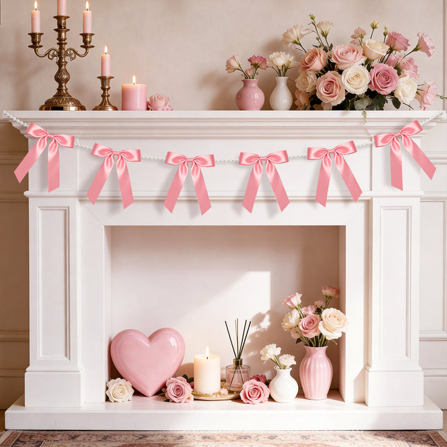 FLAIR GIFTS 2 Strings Dusty Rose Bow Garland Banner, 6.5ft Pearl Chain Pre-Strung Ribbon for Chic Bridal Shower, Muted Rose Wedding Decor, Sophisticated Birthday, Anniversary & Victorian Tea Party