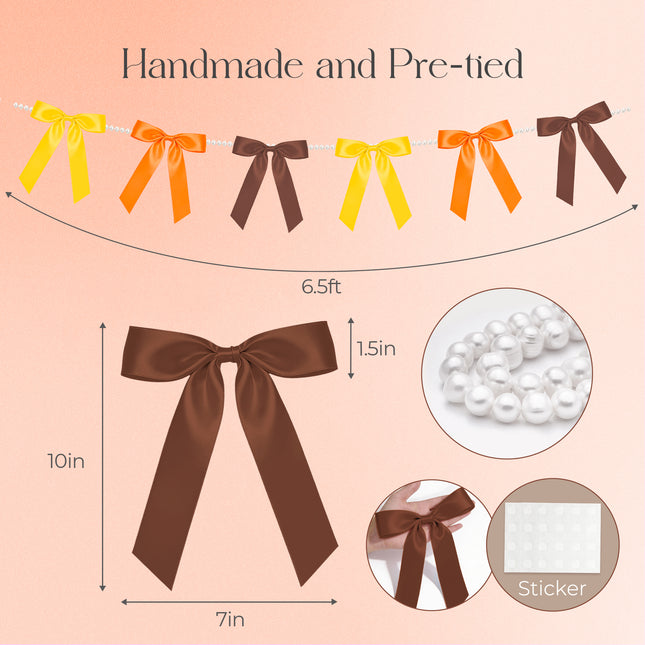 FLAIR GIFTS 2 Strings Fall Bow Garland Banner, 6.5ft Pearl Chain Pre-Strung 6 Satin Ribbon for Autumn Decor, Thanksgiving, Friendsgiving, Pumpkin Patch Party, Vintage Harvest Mantle Backdrop