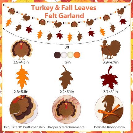 FLAIR GIFTS 2-Pack Thanksgiving Fall Felt Garland, 8ft Multi-Layered Turkey & Maple Leaves Banner with Pom Poms, Pre-Strung Autumn Bunting for Fireplace Mantel, Home, Classroom & Party Décor