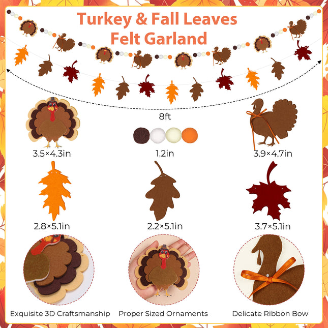 FLAIR GIFTS 2-Pack Thanksgiving Fall Felt Garland, 8ft Multi-Layered Turkey & Maple Leaves Banner with Pom Poms, Pre-Strung Autumn Bunting for Fireplace Mantel, Home, Classroom & Party Décor