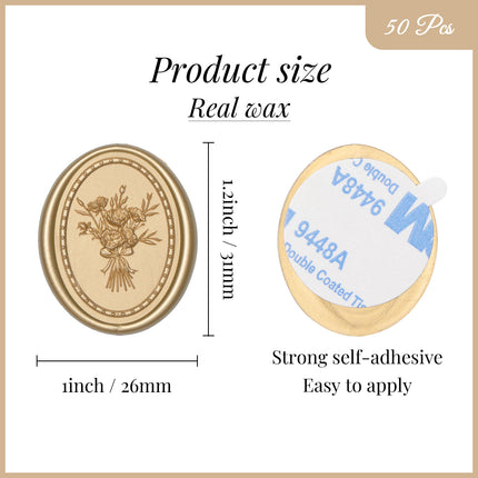 31mm Matte Gold Vintage Frame Bouquet Wax Seal Stickers - 50pcs Round Edge