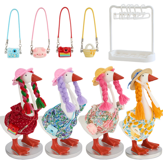 FLAIR GIFTS 4 Sets 7 Inch Desk Goose Outfits, Cute Dress with Braided Wig Hat, Mini Handbag & Hanger Stand for Desktop Goose Statue Clothes Accessories Decor