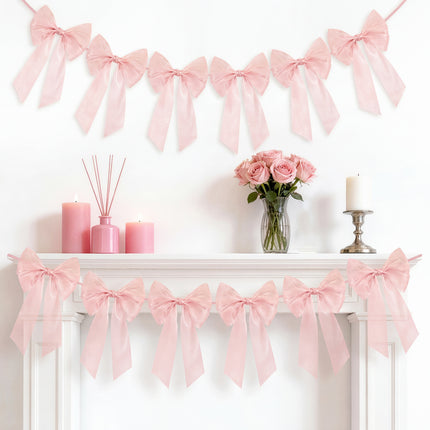 FLAIR GIFTS 2-Strings 6.5ft Pink Bows Garland Banner, Pre-Strung Bow Party Decorations for Coquette Birthday, Bachelorette Party, Girly Pink Party Supplies, Baby Shower, Bridal Shower