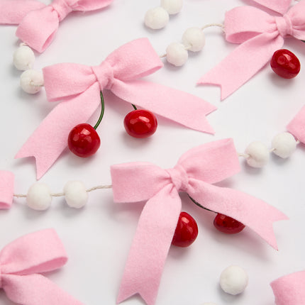 Flair Gifts 2-Pack 8ft Pink Cherry Bow Felt Garland, Coquette Aesthetic Nursery Decor, Handmade Wool Banner for Girls First Birthday, Baby Shower, Spring Party Decorations, Mantel Wall Hanging