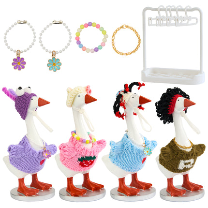 FLAIR GIFTS 4 Sets 7 Inch Desk Goose Sweater Outfits, Funny Knit Sweater with Knit Hat & Necklace, Hanger Stand Included for Desktop Goose Statue Clothes Accessories Decor