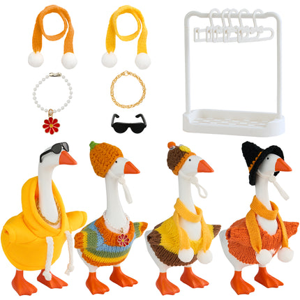 FLAIR GIFTS 4 Sets 7 Inch Desk Goose Fall Outfits, Knit Sweater Hat Scarf & Accessories with Hanger Stand for Desktop Goose Statue Autumn Clothes Decor Gift