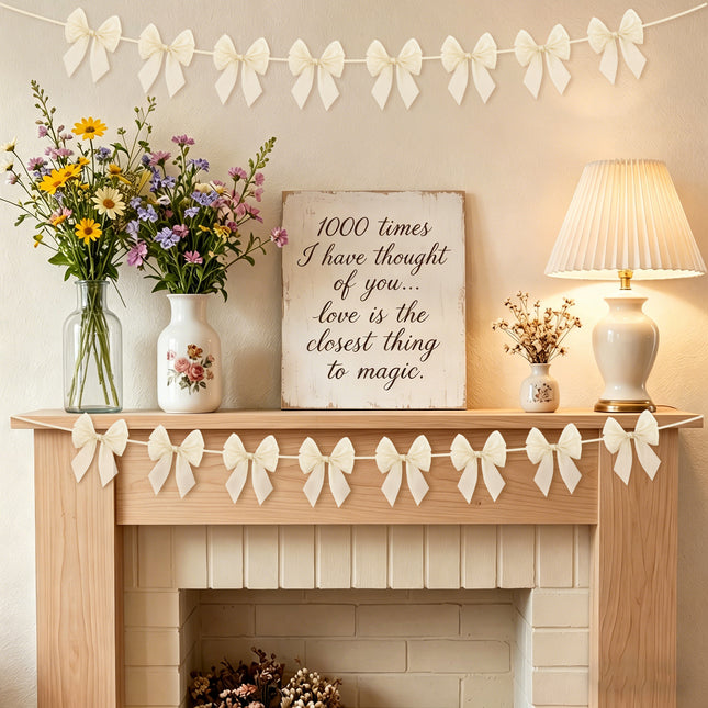 FLAIR GIFTS 2-String 6.5ft Ivory White Bows Garland Banner, 16 Pcs Pre-Strung Bows Party Decorations for Bridal Shower, Birthday, Bachelorette Party, Baby Shower, Tea Party Supplies