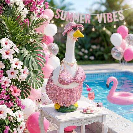 FLAIR GIFTS Pink Bikini Goose Clothes Set with Sunglasses Necklace Hat, Pink Sequin Swimming Suits Porch Goose Outfits for 23 Inch Goose Statue, Summer Pool Party Garden Decor (Pink)