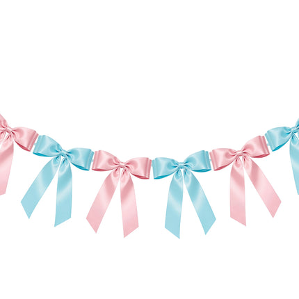 1-String Pink & Blue Bow Garland Banner, 8 Pre-Strung Double-Loop Satin Ribbon Bows, Valentines Day Decor for Baby Shower Bridal, Birthday & Wedding Party, Reusable Girls Coquette Room Wall Decor