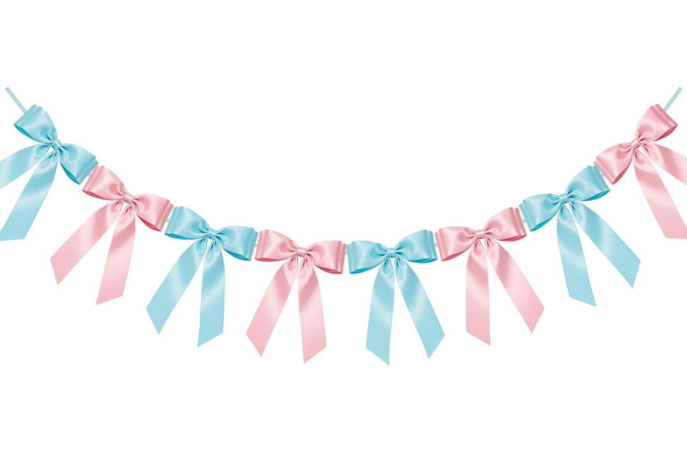 1-String Pink & Blue Bow Garland Banner, 8 Pre-Strung Double-Loop Satin Ribbon Bows, Valentines Day Decor for Baby Shower Bridal, Birthday & Wedding Party, Reusable Girls Coquette Room Wall Decor