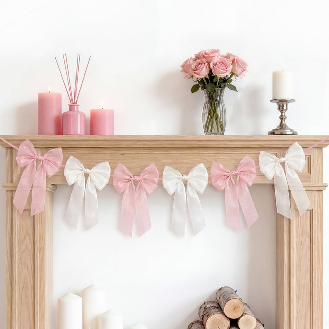 FLAIR GIFTS 1-String 6.5ft Pink & White Bows Garland Banner, 6 Pcs Pre-Strung Bow Party Decorations for Coquette Birthday, Bachelorette Party, Girly Pink Party Supplies, Baby Shower, Bridal Shower
