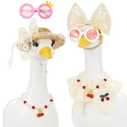 FLAIR GIFTS Porch Goose Statue 8pc Accessory Combination Set, White Lace Goose Accessories Kit with Glasses Bow Hat Necklace Stickers for 23 Inch Goose, Elegant Girl Style Yard Decor (White Lace 8PC)
