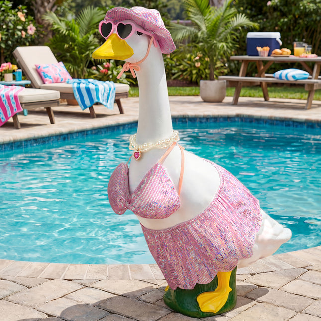 FLAIR GIFTS Pink Bikini Goose Clothes Set with Sunglasses Necklace Hat, Pink Sequin Swimming Suits Porch Goose Outfits for 23 Inch Goose Statue, Summer Pool Party Garden Decor (Pink)