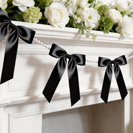 FLAIR GIFTS 2 Strings Black Bow Garland Banner, 6.5ft Pearl Chain Pre-Strung Satin Ribbon for Halloween Gothic Decor, Death to My 20s Birthday, Bachelorette, Black Tie Party & Modern Wedding Backdrop