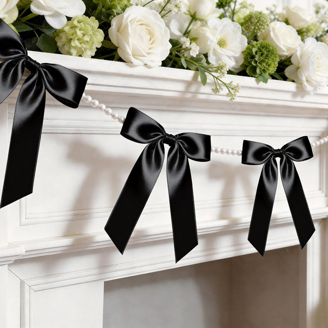 FLAIR GIFTS 2 Strings Black Bow Garland Banner, 6.5ft Pearl Chain Pre-Strung Satin Ribbon for Halloween Gothic Decor, Death to My 20s Birthday, Bachelorette, Black Tie Party & Modern Wedding Backdrop