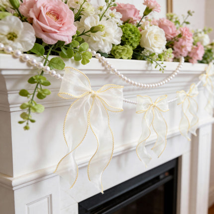 FLAIR GIFTS 2 Strings White Bow Garland Banner, Pre-Strung Fish-Tail Organza Ribbon with 6.5ft Pearl Chain for Bridal Shower, Wedding, Engagement, Birthday, Tea Party, Baby Shower, Anniversary Decor