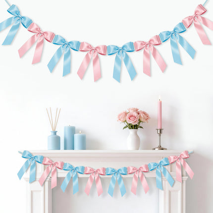 1-String Pink & Blue Bow Garland Banner, 8 Pre-Strung Double-Loop Satin Ribbon Bows, Valentines Day Decor for Baby Shower Bridal, Birthday & Wedding Party, Reusable Girls Coquette Room Wall Decor
