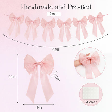FLAIR GIFTS 2-Strings 6.5ft Pink Bows Garland Banner, Pre-Strung Bow Party Decorations for Coquette Birthday, Bachelorette Party, Girly Pink Party Supplies, Baby Shower, Bridal Shower