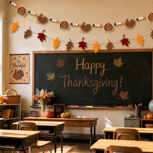 FLAIR GIFTS 2-Pack Thanksgiving Fall Felt Garland, 8ft Multi-Layered Turkey & Maple Leaves Banner with Pom Poms, Pre-Strung Autumn Bunting for Fireplace Mantel, Home, Classroom & Party Décor
