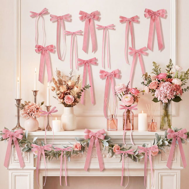 FLAIR GIFTS 24 Pcs Pink Vintage Velvet Bows Ornaments, 5x10 Inch Luxury 3 Assorted Widths for Baby Shower Bridal Christmas Birthday Valentine's Day, Reusable Coquette Room Wall Backdrop Photo Decor