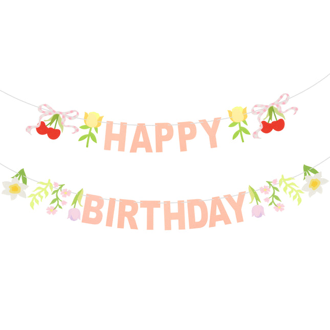 FLAIR GIFTS 2-Pack Happy Birthday Flower Felt Garland, 8ft Pre-Strung Floral Birthday Banner with Cherries & Blossoms, Reusable Pink Bunting for Garden Party, Nursery, Cottagecore Girls Birthday Decor