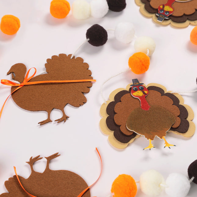 FLAIR GIFTS 2-Pack Thanksgiving Fall Felt Garland, 8ft Multi-Layered Turkey & Maple Leaves Banner with Pom Poms, Pre-Strung Autumn Bunting for Fireplace Mantel, Home, Classroom & Party Décor