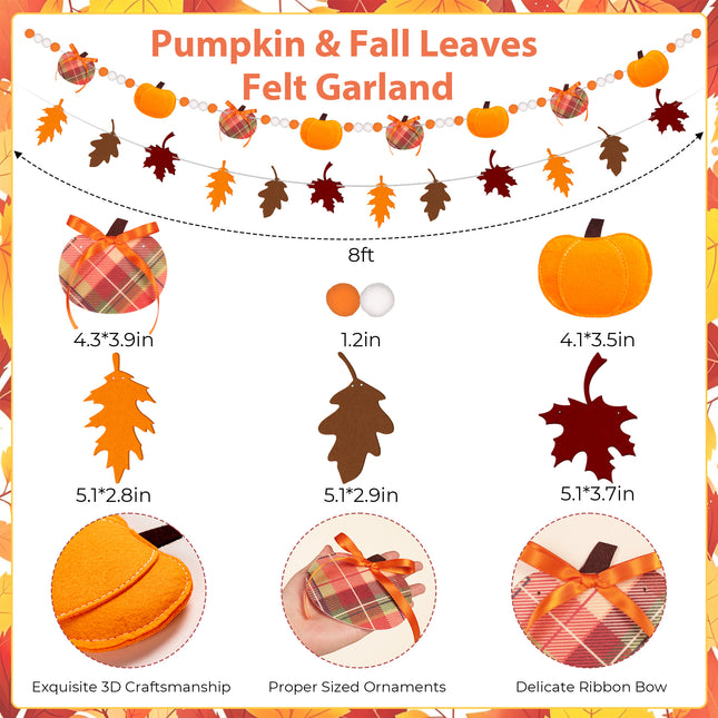 FLAIR GIFTS 2-Pack Fall Felt Garland, 8ft 3D Stuffed Pumpkin & Maple Leaves Banner with Pom Poms, Pre-Strung Autumn Bunting for Thanksgiving Mantel, Farmhouse Halloween Decor, Harvest Party Supplies