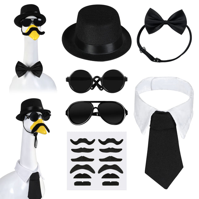 FLAIR GIFTS Porch Goose Statue 7pc Accessory Combination Set, Gentleman Goose Accessories Kit with Top Hat Bow Tie Sunglasses Strap for 23 Inch Goose, Black Formal Style Yard Decor (Black Formal 7PC)
