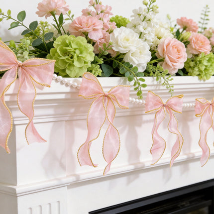 FLAIR GIFTS 2 Strings Pink Bow Garland Banner, Pre-Strung Fish-Tail Organza Ribbon with 6.5ft Pearl Chain for Coquette Birthday, Bachelorette Party, Baby Shower, Engagement, Anniversary Decor