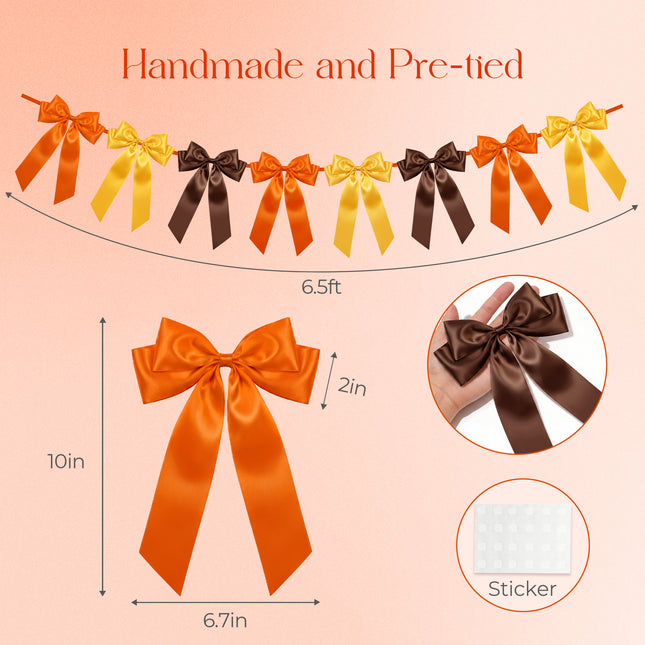 1-String Vintage Fall Bow Garland, 8 Pre-Strung Brown& Orange& Yellow Double-Layer Satin Ribbon Bows Banner, Reusable Autumn Thanksgiving Wall Mantel Decor