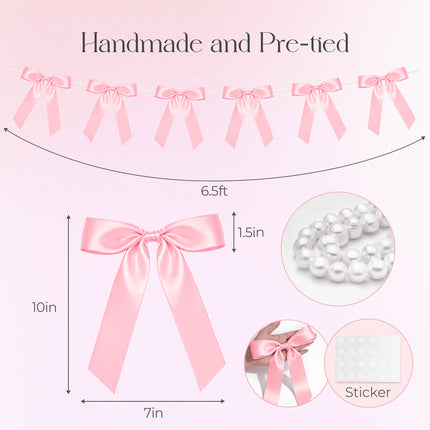 FLAIR GIFTS 2 Strings Coquette Pink Bow Garland Banner, 6.5ft Pearl Chain Pre-Strung Satin Ribbon for Soft Girl Aesthetic, Pink Birthday, Girl Baby Shower, Valentine’s Day & Preppy Room Decor